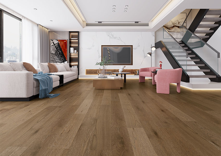 warm toned hardwood flooring in retro styled living room